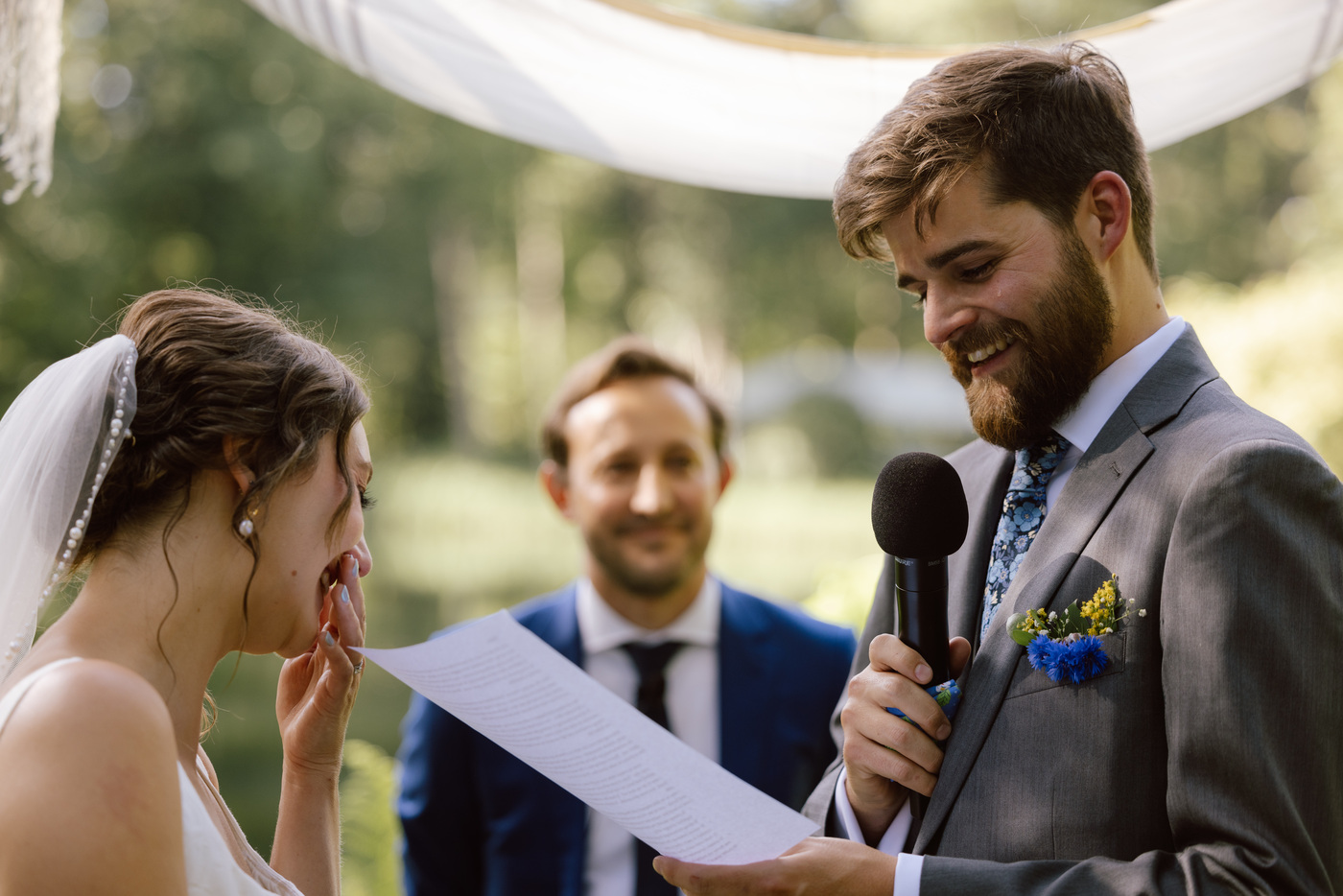 An emotional couple crying during their wedding ceremony at Bridal Veil Lakes